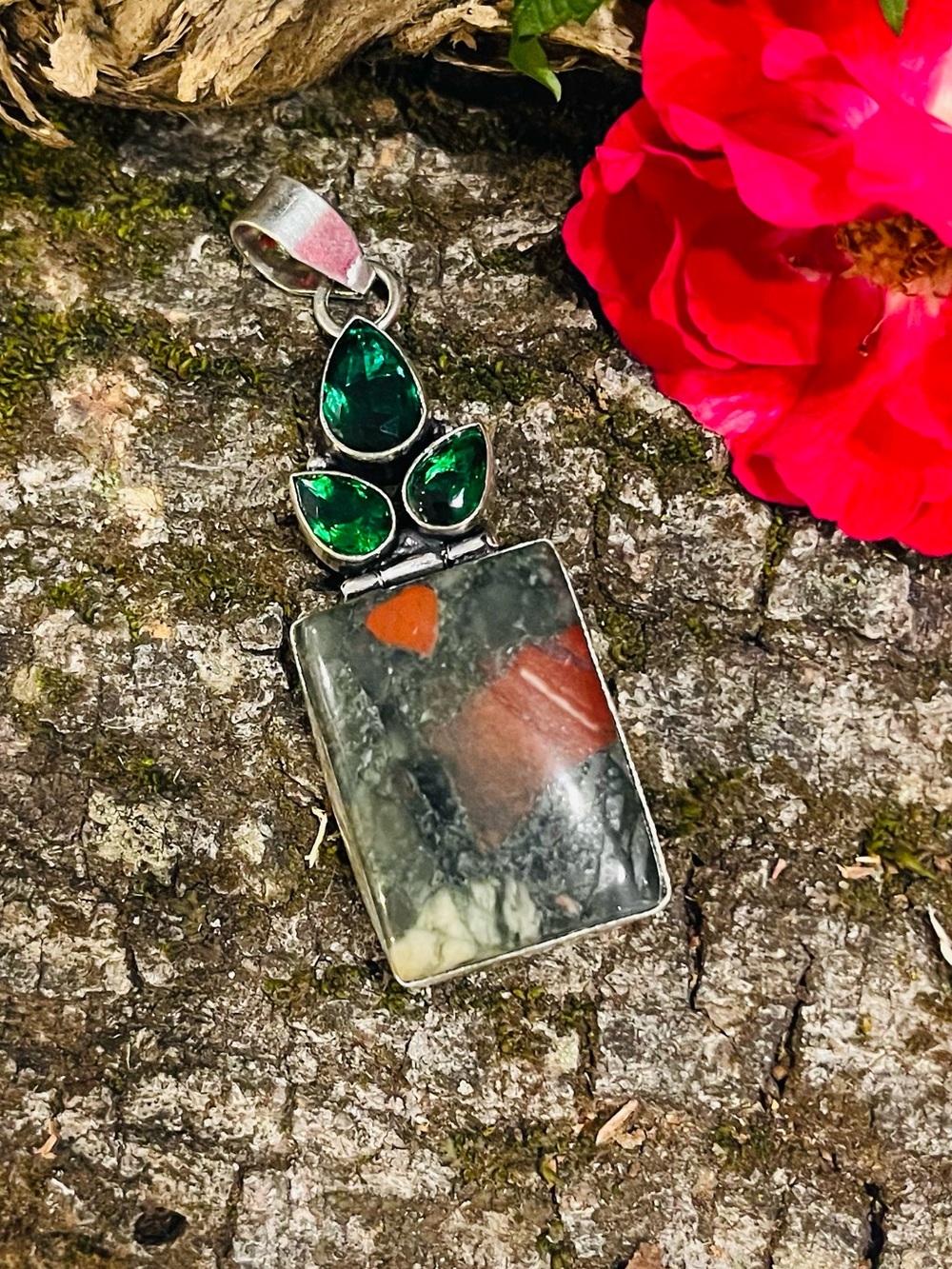 Bloodstone Green Quartz 925 Sterling Silver Pendant